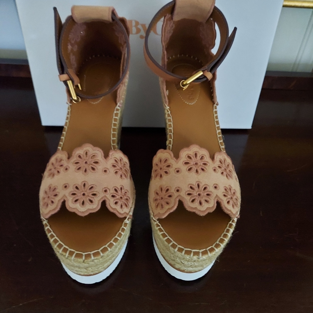 SeeByChloe perforated Wedge, scallopd detail, size 38, neutral blush color